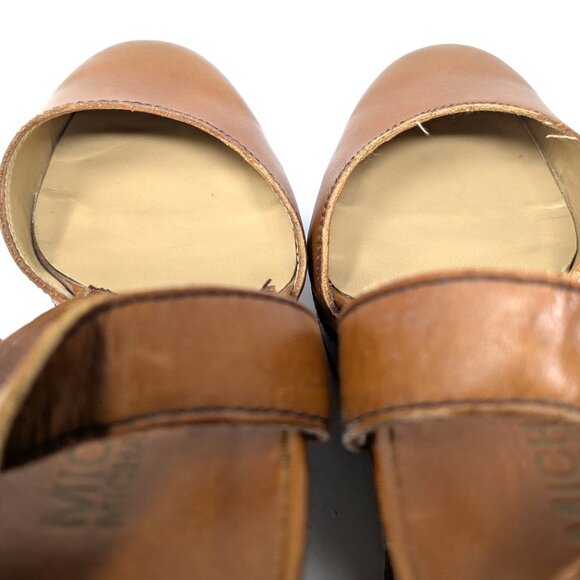 Michael Kors Closed Toe Platform Wedge Shoes Ankle Strap Tan Hide 8.5 Embroidery - Picture 12 of 16